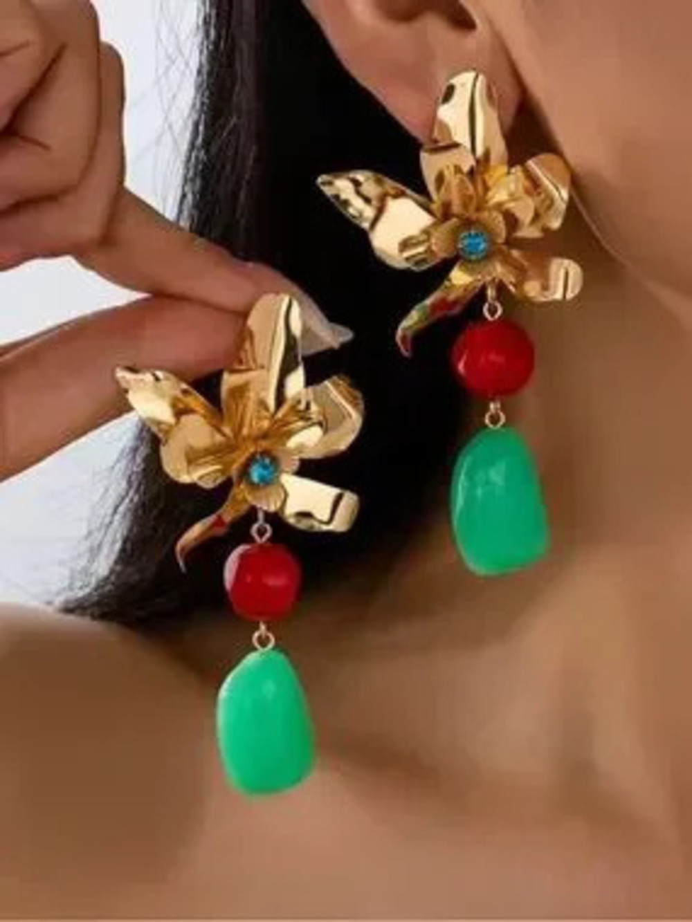 Anthropologie Gold Floral Drop Earrings with Red and Green Stones